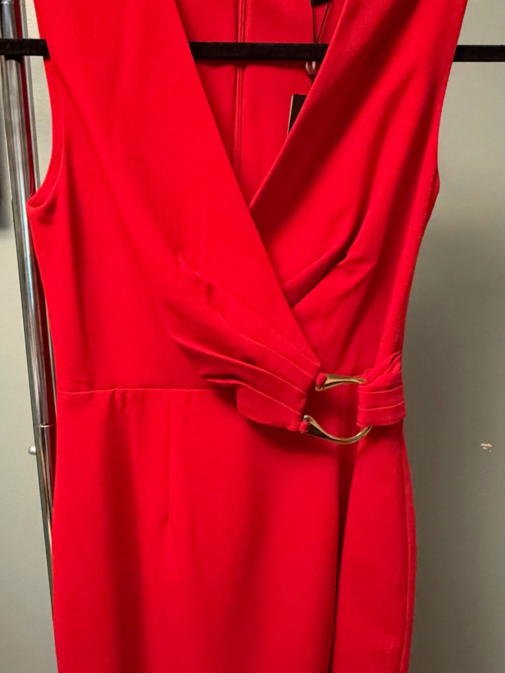 Ralph Lauren Black Label Red Sleeveless Faux-Wrap Midi Dress with Gold Buckle